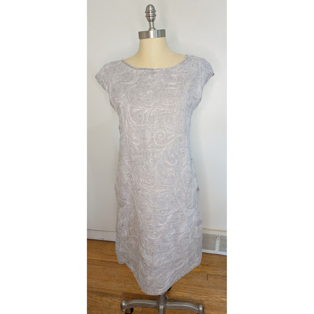 Lina Tomei Italy Linen Embroidered Shift Dress Gray Tan Cap Sleeve Pockets M